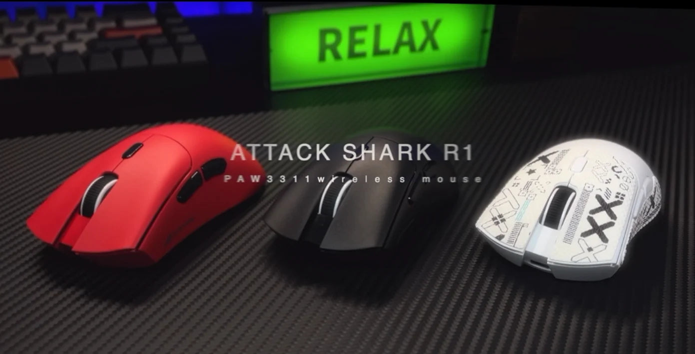 Mysz gamingowa ATTACK SHARK R1 Tri-mode, sensor PixArt PAW3311, 18000 DPI, 1000hz, ultralekka 59g, do dużych dłoni, do PC/Mac