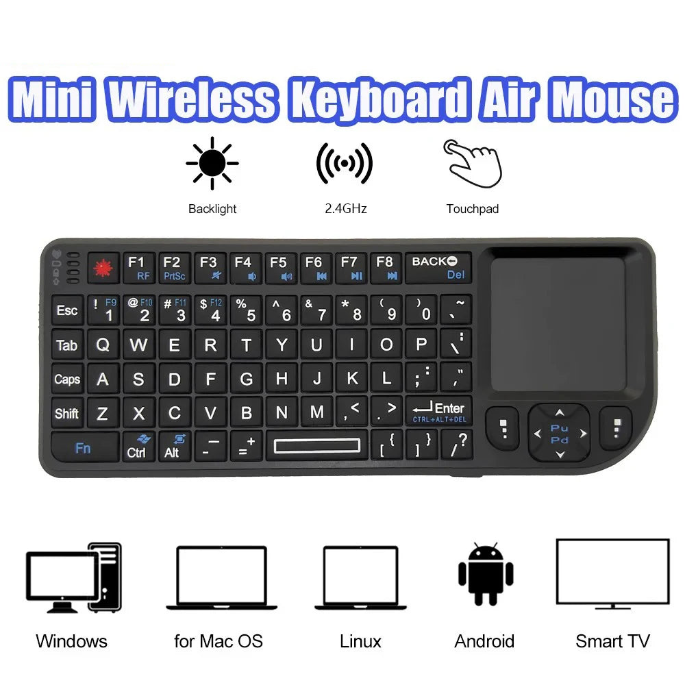 Teclado inalámbrico A8 Mini 2.4G con retroiluminación de 7 colores, teclado portátil 3 en 1 con panel táctil y Air Mouse para Android TV Box, PC y tablet