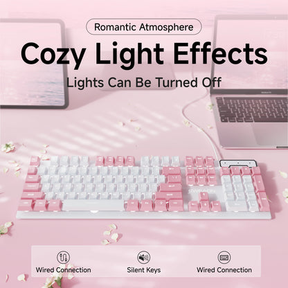 EWEADN Wired Pink White Keyboard, Full-Size Numpad, Quiet Keys, RGB Backlit Cute Design for Laptop/PC, Ideal for Work & Gaming