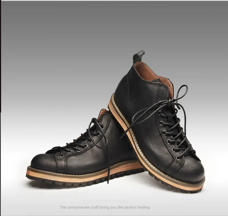 KOWM cowhide Hiking shoes men's walking boot British trekking shoes thick soled cowhide high top motorcycle boots ankle sneakers
