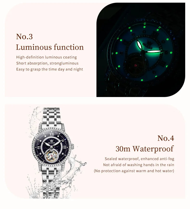 OLEVS Women’s Luxury Automatic Skeleton Watch  Starry Sky Stainless Steel Mechanical Wristwatch