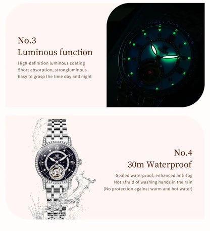 OLEVS Women’s Luxury Automatic Skeleton Watch  Starry Sky Stainless Steel Mechanical Wristwatch