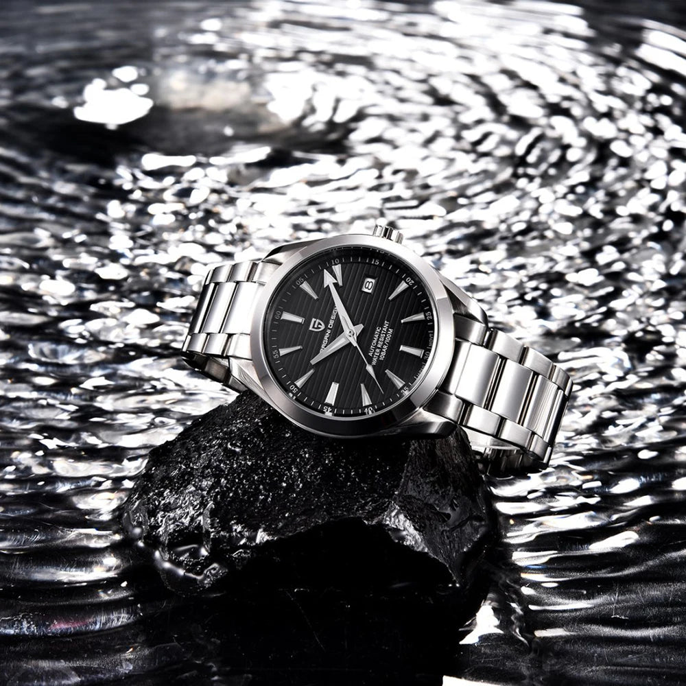 Luxe herenhorloge van PAGANI DESIGN – Mechanisch automatisch model (kaliber 8215), van roestvrij staal, waterdicht, met datumweergave en lichtgevende wijzers