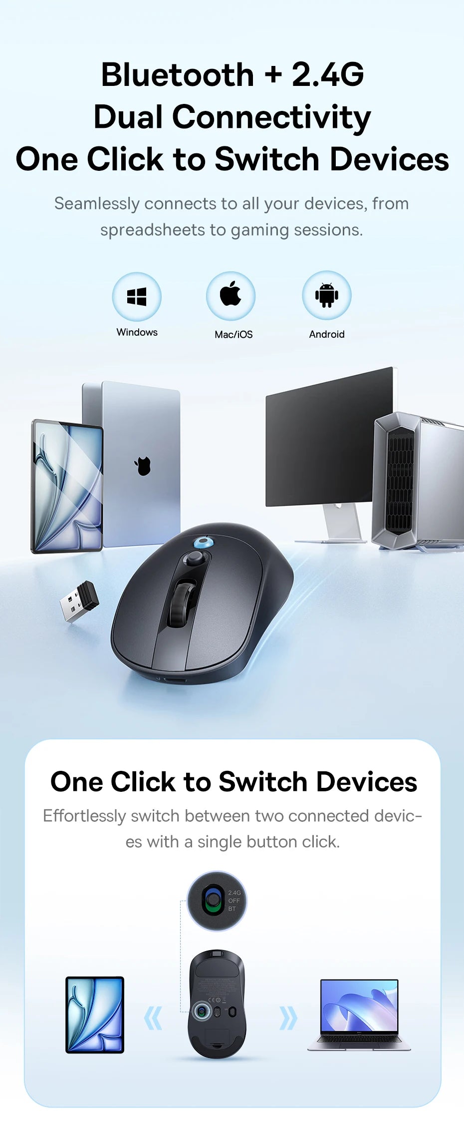【NEW】Baseus EM2 Ergonomic Wireless Mouse Bluetooth 5.3 2.4G Type-C Charging Ultra Light Silent Mice Customizable Button Mouse