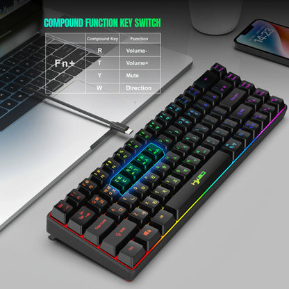 Tragbare HXSJ V200 68-Tasten-Gaming-Tastatur mit koreanischem Layout, 65%, kabelgebundene Office-Membrantastatur mit RGB-Hintergrundbeleuchtung für Desktop-PCs und Laptops