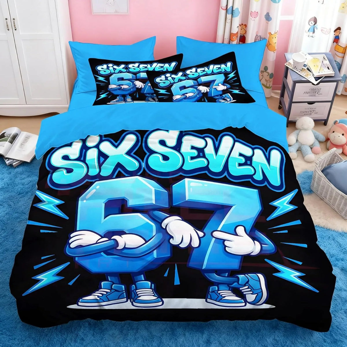 Ensemble de literie Cartoon Print Six Seven 67, 2/3 pièces, housse de couette et taie d'oreiller pour la maison, adolescents et adultes, cadeau pour garçons et filles