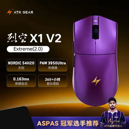 ATK Blazing Sky X1 V2 Ultimate Dual Mode trådløs mus, letvægtsdesign, PAW3950 Ultra, Dual 8K HZ, lav latenstid, tilpasset ergonomisk mus