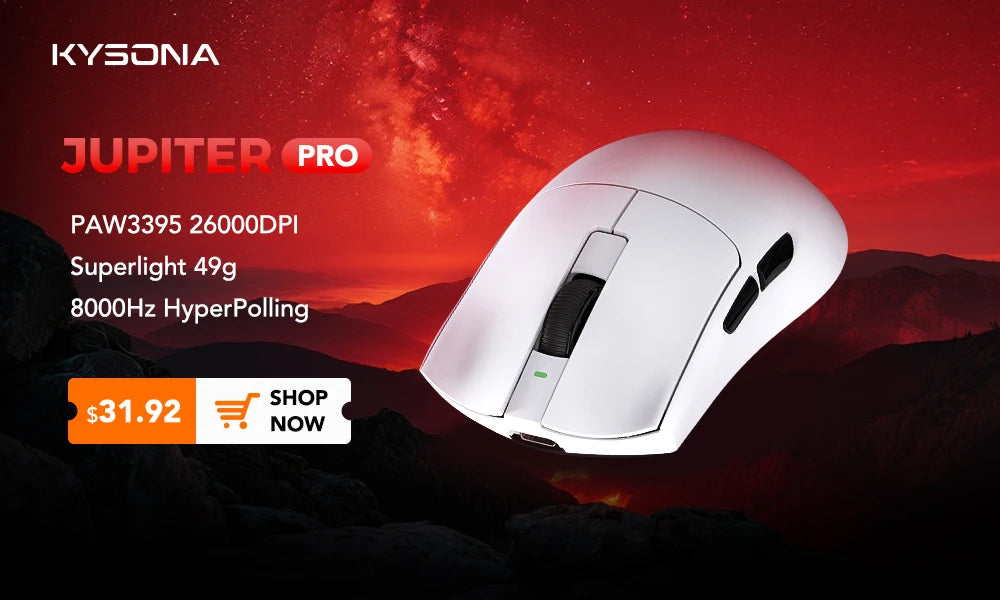 KYSONA Jupiter Series gamingmus – kablede/trådløse mus, 8Khz PAW3950-sensor, Bluetooth, 46g, genopladelig, webdriver til PC og bærbar