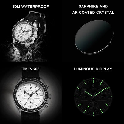 CADISEN New Men's Watches Luxury Quartz Wrist Watch For Men Sapphire AR Coated Crystal Canvas VK68 Speed Chronograph Automatic
