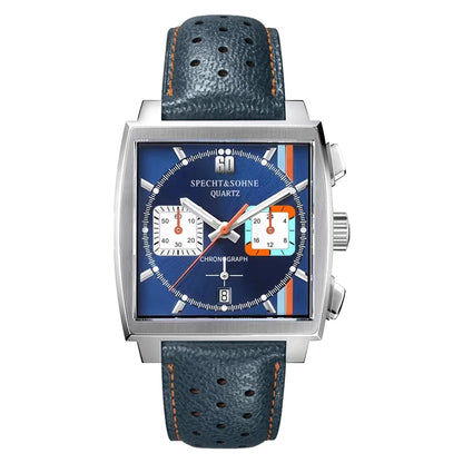 Specht & Sohne New Classic herreur med kvartsværk, blå, rustfrit stål, japansk VK63-værk, ægte læder, Montre Homme 39 mm