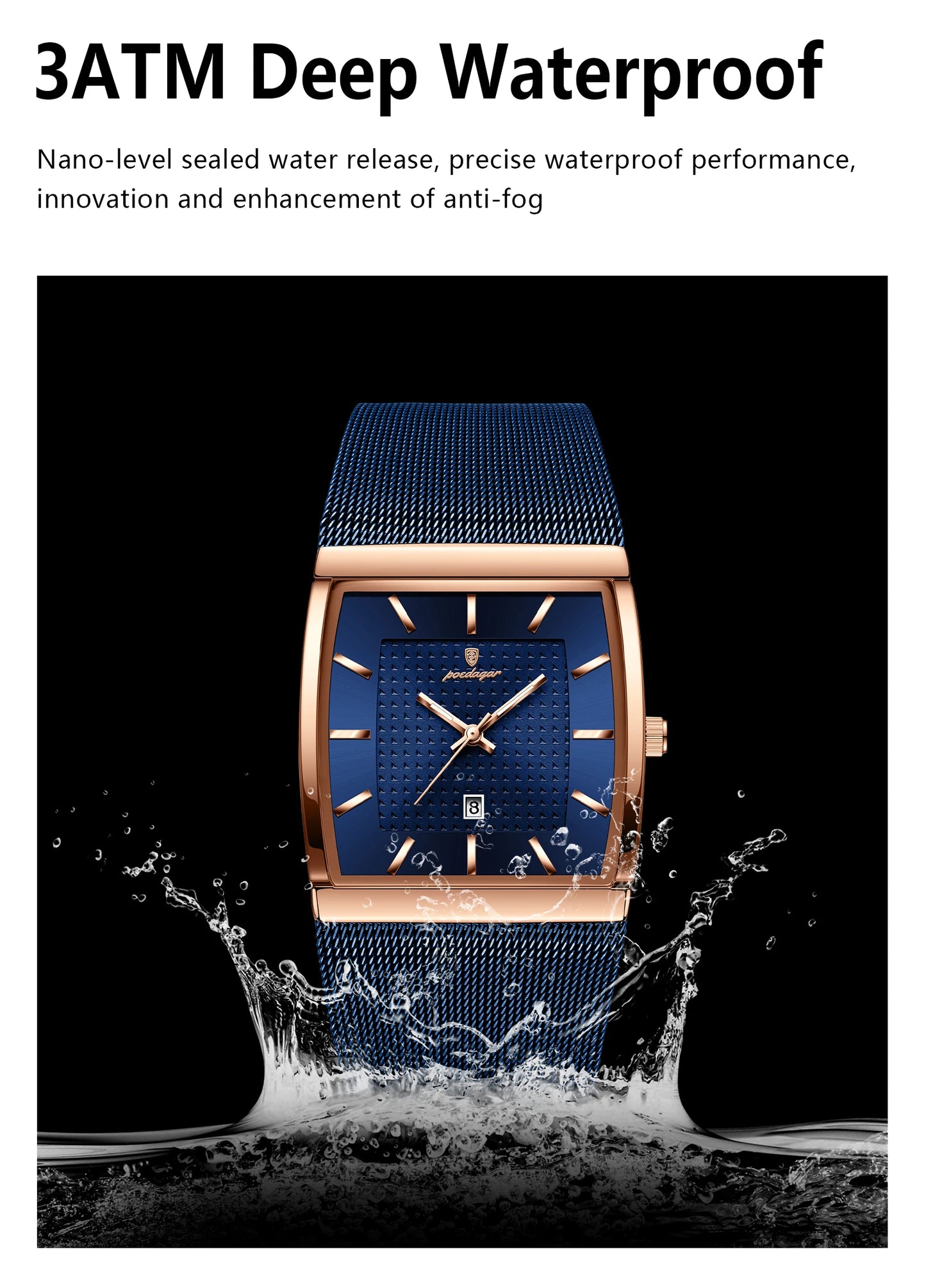POEDAGAR Top Luxury Men Watch Stainless Steel Mesh Date Waterproof Luminous Man Wristwatch Casual Rectangle Quartz Men's Watches