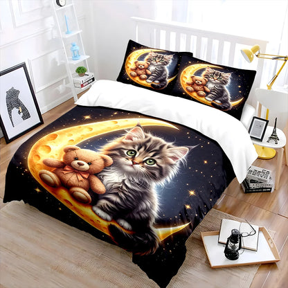Conjunto de capa de edredão com padrão de gato fofo e ursinho na lua, estampado digital colorido, roupa de cama em poliéster com fecho de correr, para presentes de criança