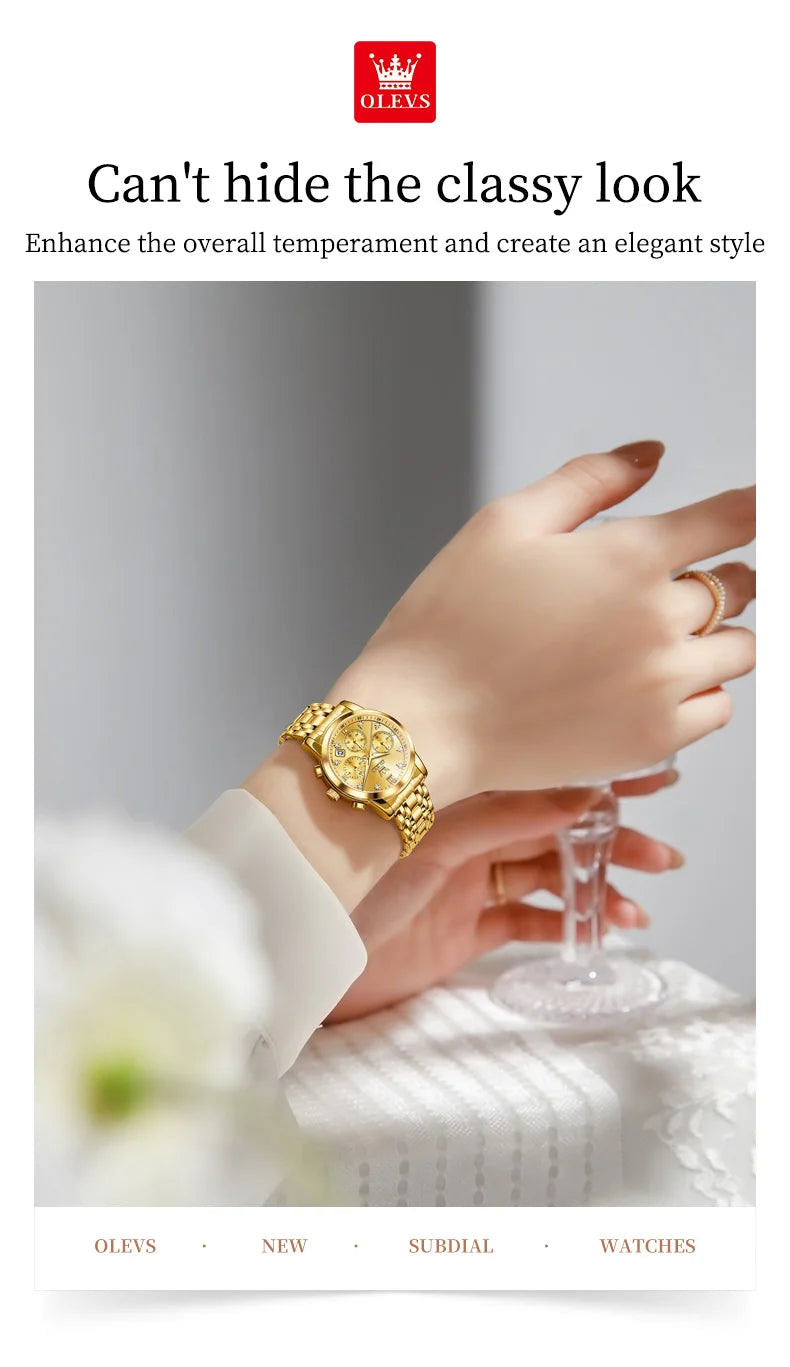 OLEVS 2858 Chronograph Quartz Wristwatches for Woman Fashion Elegant Classic Auto Date Waterproof Stainless Steel Women's Watch
