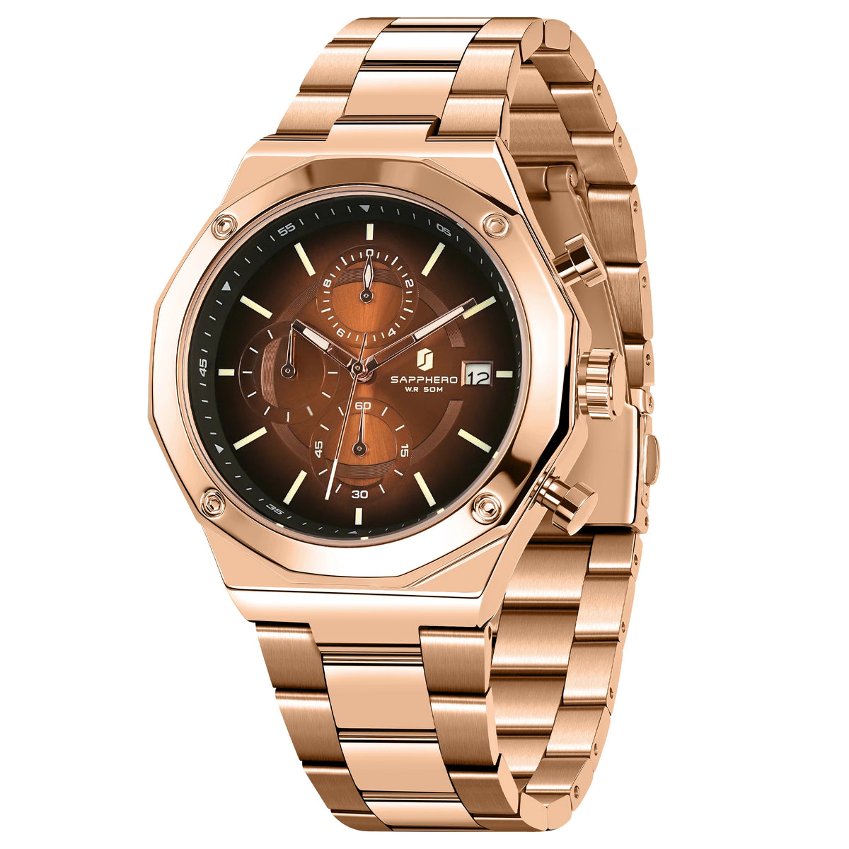 SAPPHERO Rose Gold Men Watch Fashion Luxury Clock Stainless Steel Watch 50m Water Resistance Watch For Men New Year Gifts