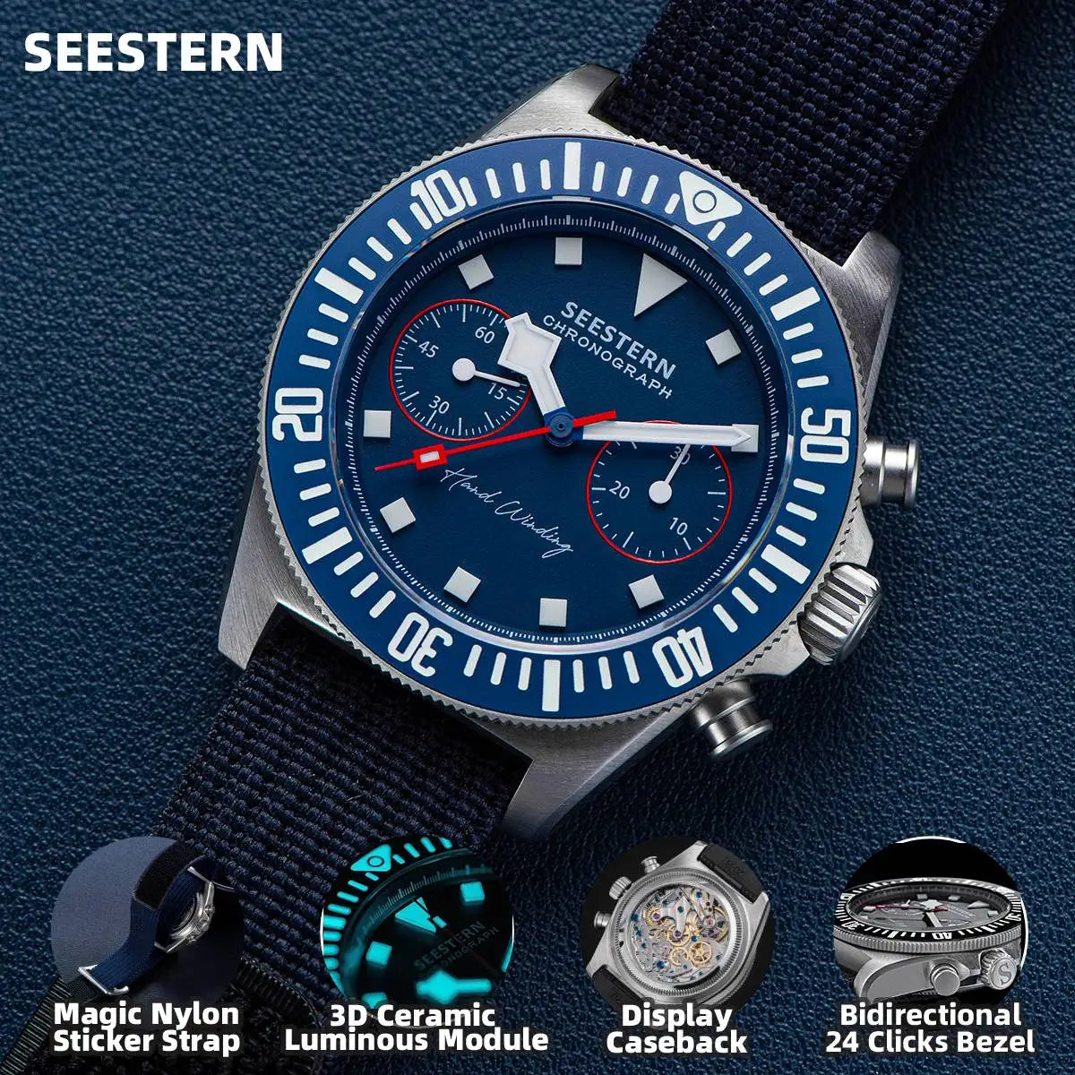SEESTERN Chronograph Man of Watch Mechanical Tianjin ST1901 Movement Sapphire Wristwatches Nylon Sticker Strap Luminous Skeleton
