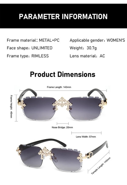 2025 Fashion Square Rimless Sunglasses For Women Cross Diamond Metal Frame Luxury Eyewear Cut Lens UV400 Shades Sun Glasses