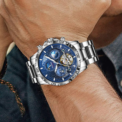 Orologio da uomo con movimento meccanico a carica automatica in acciaio inossidabile. Forma della cassa: rotonda