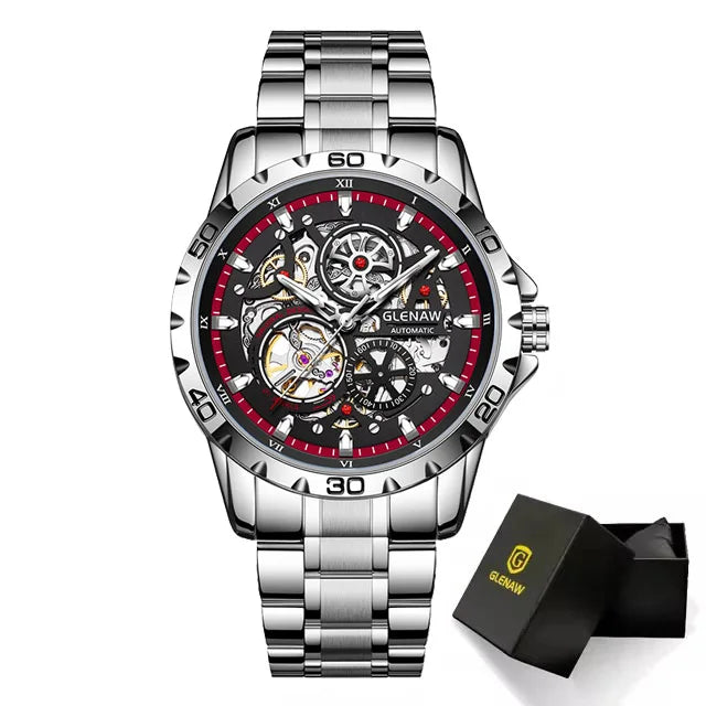 GLENAW Steampunk Skeleton Men's Watch Ring Luxury Automatic Mechanical Watches Luminous Waterproof Stainless Steel Strap Watch