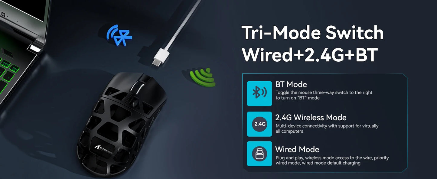 ATTACK SHARK R3 8KHz-mus i magnesiumlegering, PixArt PAW3395-sensor, op til 26000 DPI, 2.4G/BT/kablet, 46g superlet, til PC/Mac