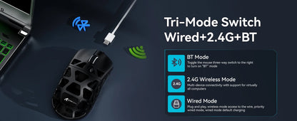 ATTACK SHARK R3 8KHz-mus i magnesiumlegering, PixArt PAW3395-sensor, op til 26000 DPI, 2.4G/BT/kablet, 46g superlet, til PC/Mac