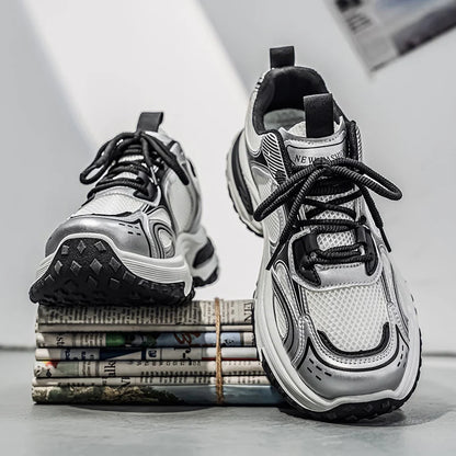 Unisex Trendy Chunky Dad Sneakers Silver Black Retro Couple Breathable Mesh Casual Platform Shoes