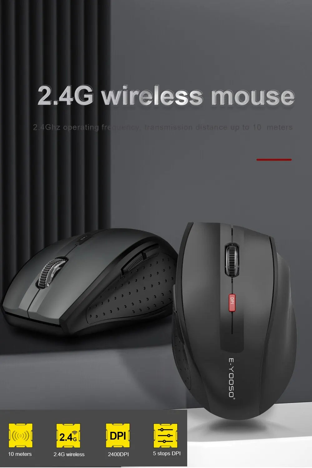 E-YOOSO E-1010 USB 2.4G bezdrátová herní a kancelářská myš, optická herní myš 2400 DPI, ergonomická pro notebook, PC a počítač
