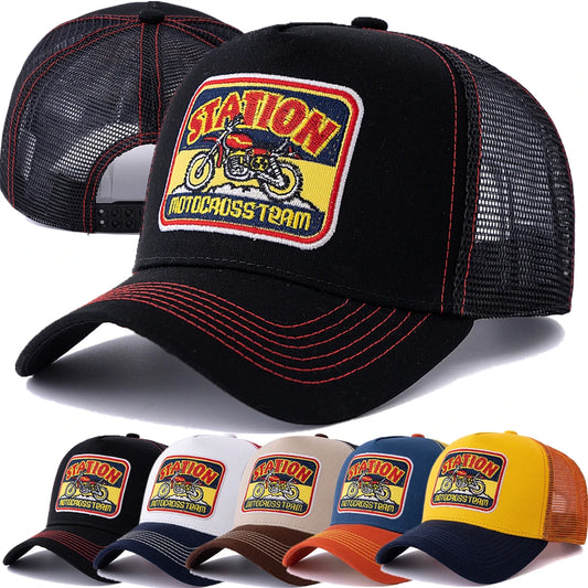 Hot Sale Unisex Mesh Trucker Hat Classic Motorcycle Pattern Breathable Summer Baseball Cap Streetwear Cap for Men Women