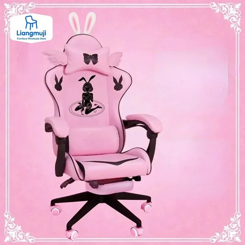 Pink Gaming Chair for Girls with Footrest, Comfortable Cartoon Gamer Chair, Adjustable Swivel Computer Chair for Bedroom, Office & Study