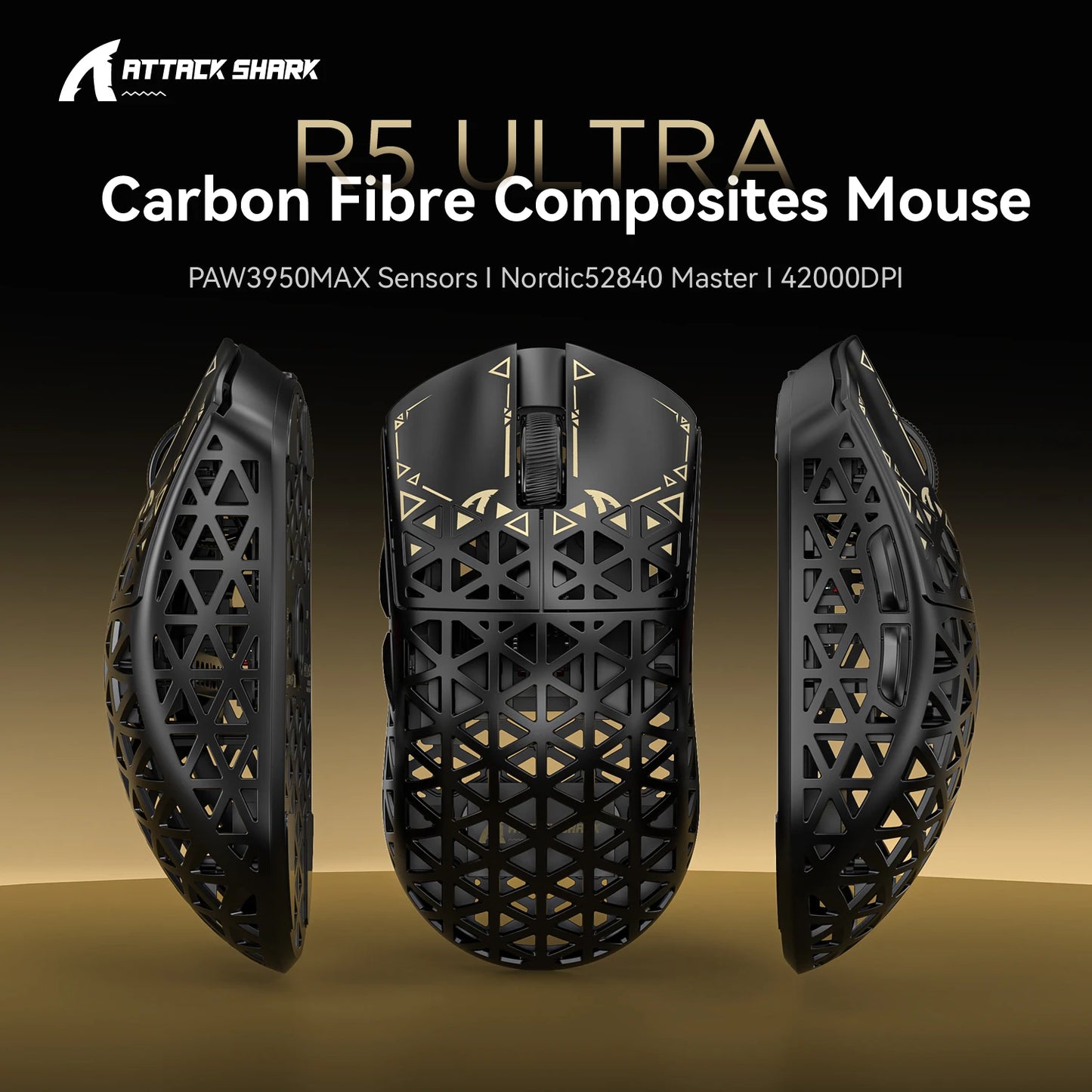 ATTACK SHARK R5 ULTRA Kabellose Gaming-Maus – 8K Polling, PAW3950MAX-Sensor, 42,000 DPI, ultraleicht aus Carbonfaser für Pro-Esport