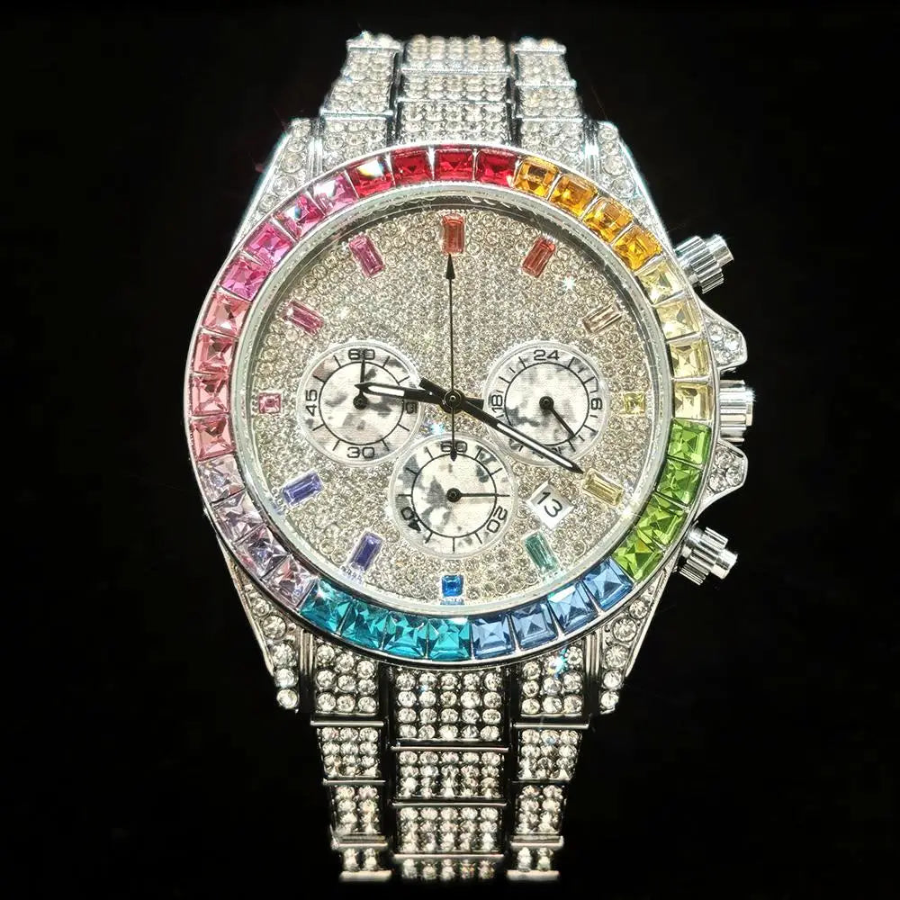 2025 Top Luxury Watch For Men Fashion Ice Diamond Hip Hop Rainbow Diamond Multifunction Man Quartz Wristwatch Gift Dropshipping