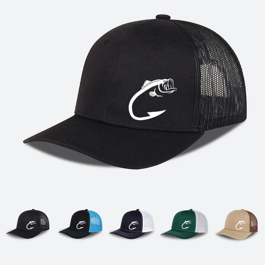 Bass Fish Hook Print Trucker Hat Adjustable Unisex Mesh Fishing Fan Sun Hat
