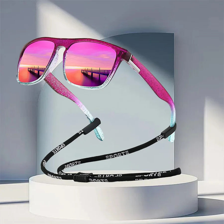 With Chain Fashion Vintage Glittering Material Square Sunglasses Men Women Fishing Driving Classic Brand Designer Sun Glasse