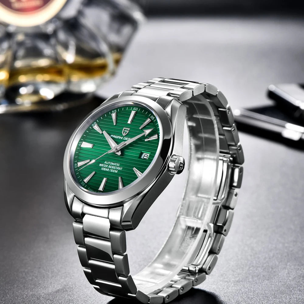 Luxe herenhorloge van PAGANI DESIGN – Mechanisch automatisch model (kaliber 8215), van roestvrij staal, waterdicht, met datumweergave en lichtgevende wijzers