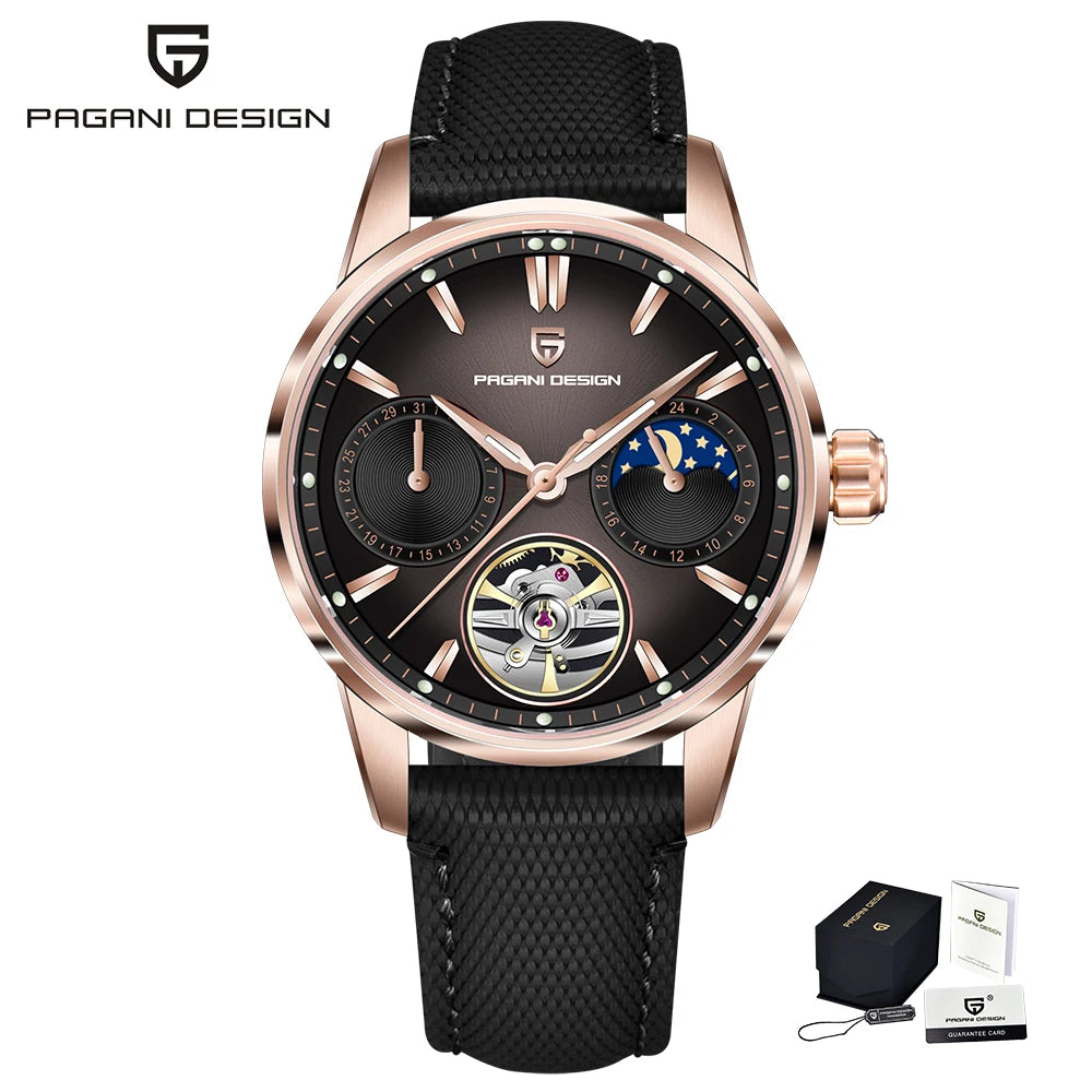 PAGANI DESIGN Newest 41MM Luxury Men's Mechanical Watch Sapphire Glass Leather Waterproof Pilot Tourbillon Moon Reroj Hombre