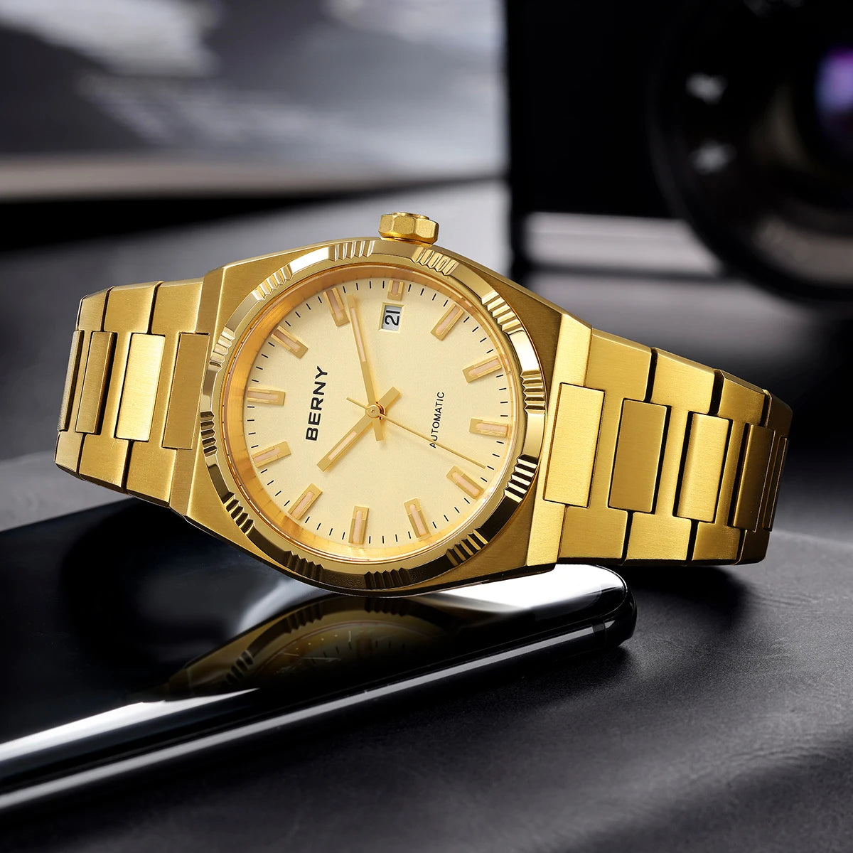 Montre automatique pour homme BERNY, dorée, verre saphir, aiguilles luminescentes, 100 % originale, équipée d'un mouvement PT5000, revêtement antireflet, modèle de luxe avec lunette interchangeable, étanche 5 ATM.