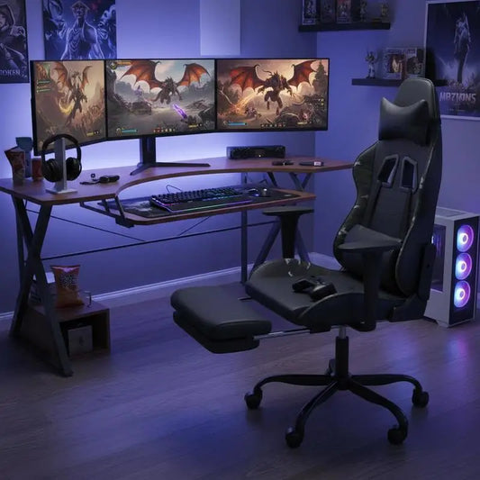 Gaming Chair with Footrest Black and Camouflage 66X56X120,5-131 cm in Imitation Leather, Reclining 360 Swivel ° Can Carry 110 kg
