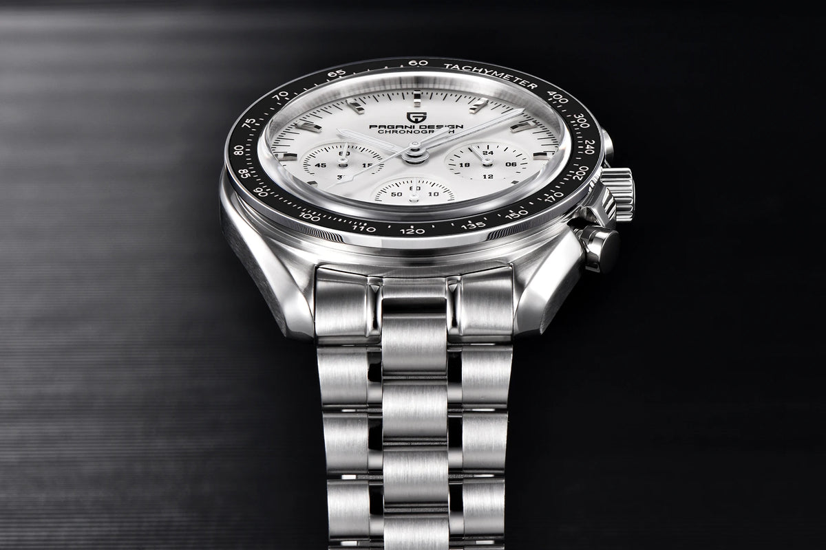 PAGANI DESIGN herenhorloge „New Moon“ – Luxe quartzhorloge, chronograaf, saffierglas met antireflectiebehandeling, keramische lunette, lichtgevende wijzers