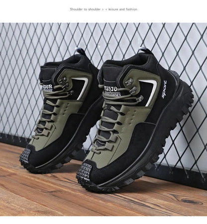 Black And Tan Mid Top Hiking Boots Suede And Leather Platform Sneakers Non Slip Outdoor Casual Shoes With Rugged Sole For All