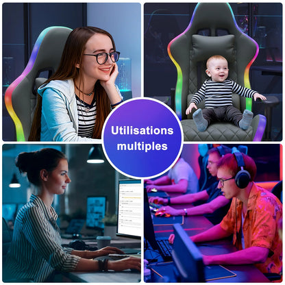 Rosahqnda LED gaming chair with ergonomically adjustable backrest, PU leather office chair, lumbar support cushion & pillow
