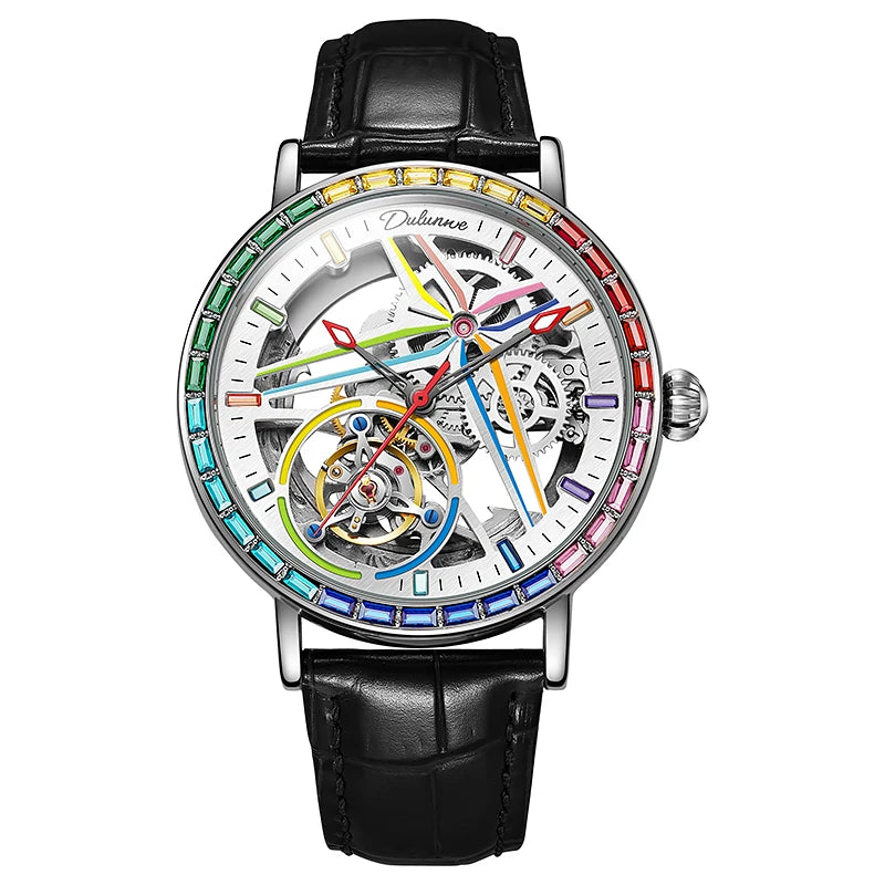 Rainbow Colored Gemstone Tourbillon Fashion Skeleton Watch Men Waterproof 30M Sports Watches Luxury Automatic Mechanical Clock