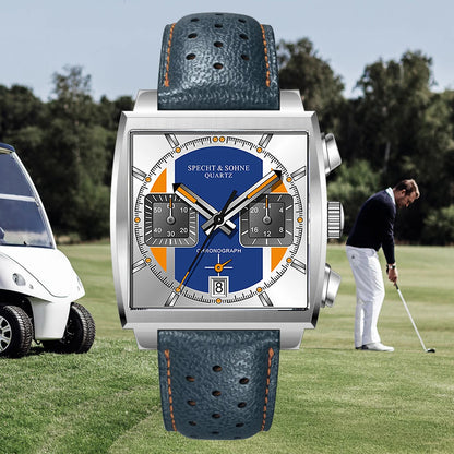Specht & Sohne New Classic herreur med kvartsværk, blå, rustfrit stål, japansk VK63-værk, ægte læder, Montre Homme 39 mm