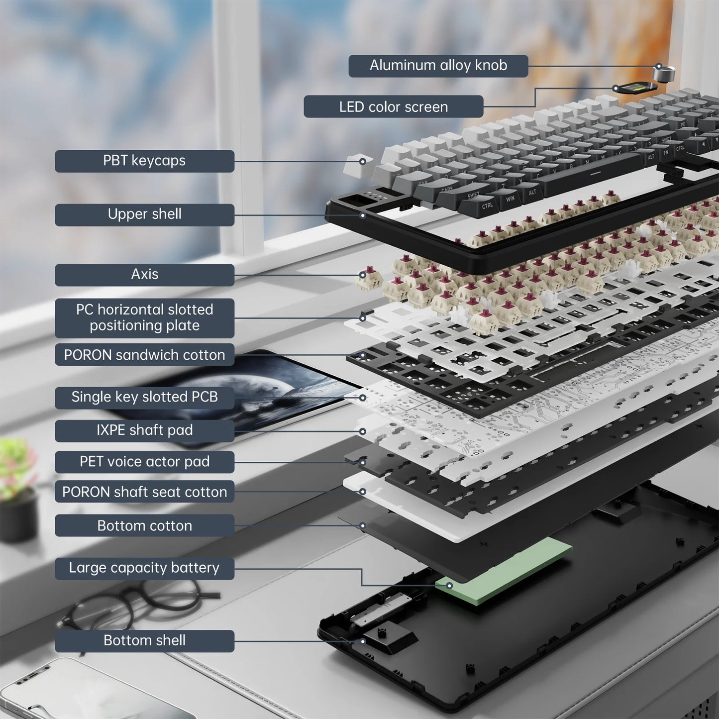 ATTACK SHARK X98PRO Tri-mode Gasket Mechanical Keyboard with TFT Screen & Knob, 99Keys Layout, 5-Layer Foams, Hot-Swap, RGB