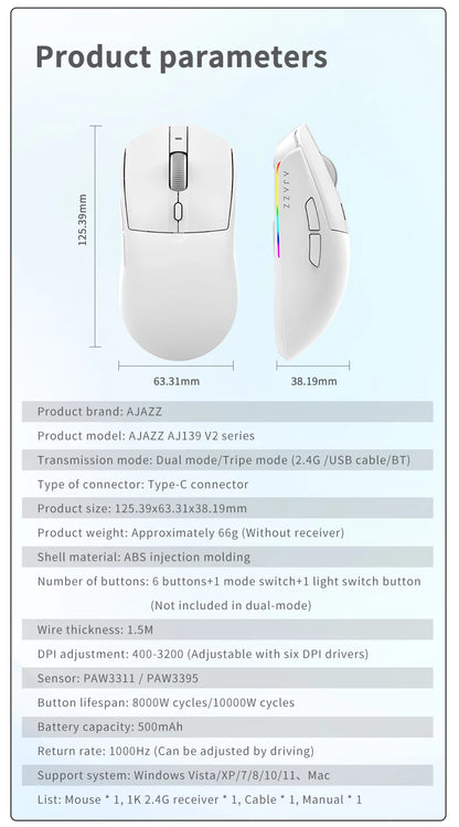 Belaidė pelė AJAZZ AJ139Pro/AJ139V2MC su PMW3395/PAW3311 lustų rinkiniu, 12000-26000Dpi, profesionali žaidimų pelė