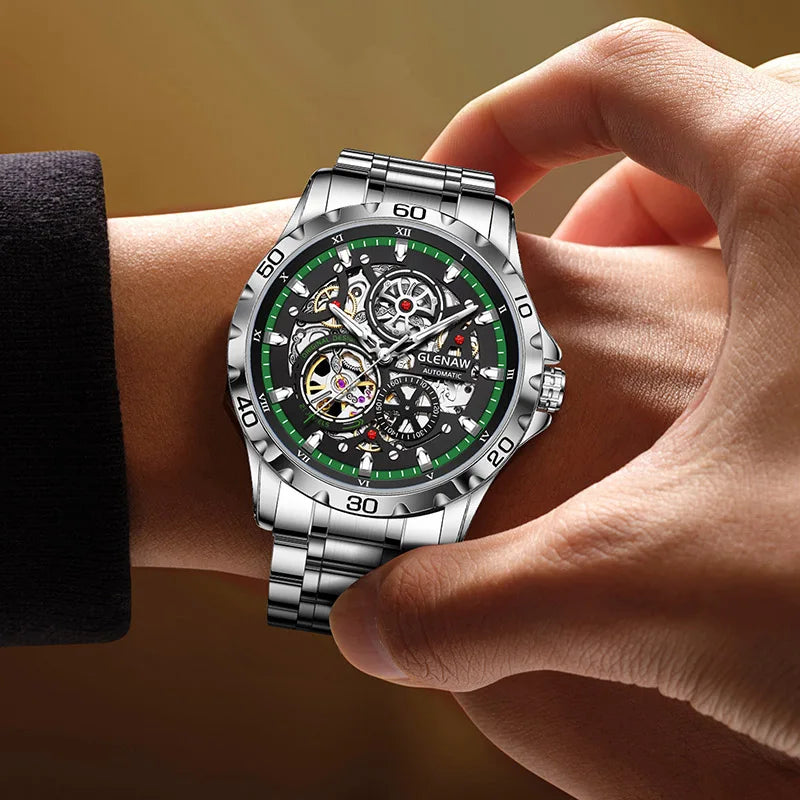 GLENAW Steampunk Skeleton Men's Watch Ring Luxury Automatic Mechanical Watches Luminous Waterproof Stainless Steel Strap Watch