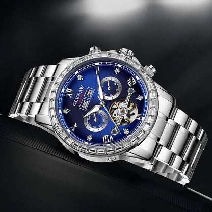 Montre mécanique multifonction GLENAW – Modèle pour homme, style business et décontracté, bracelet en acier inoxydable, étanche, avec calendrier – Montre de luxe