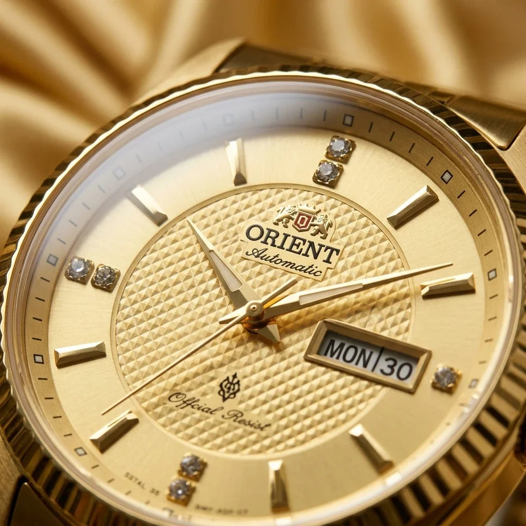Orient automatisch mechanisch herenhorloge, met dubbele kalender (datum en dag van de week), kristallen indexen en roestvrijstalen armband – Polshorloge in professionele stijl