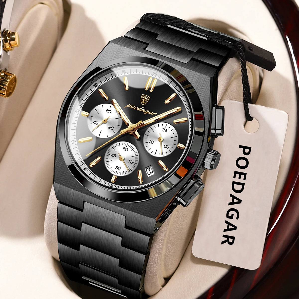 POEDAGAR Herrenuhr – Luxuriöser Chronograph aus Edelstahl, mit Datumsanzeige, wasserdicht und leuchtend – Sportliche Quarz-Armbanduhr