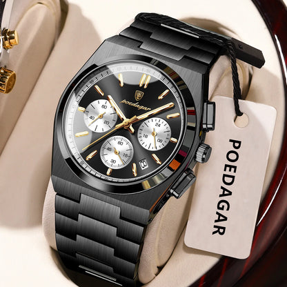 POEDAGAR Herrenuhr – Luxuriöser Chronograph aus Edelstahl, mit Datumsanzeige, wasserdicht und leuchtend – Sportliche Quarz-Armbanduhr