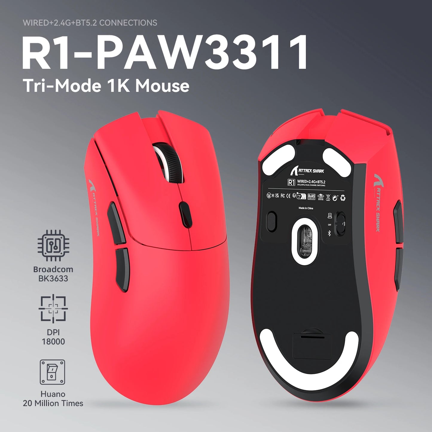 Mysz gamingowa ATTACK SHARK R1 Tri-mode, sensor PixArt PAW3311, 18000 DPI, 1000hz, ultralekka 59g, do dużych dłoni, do PC/Mac