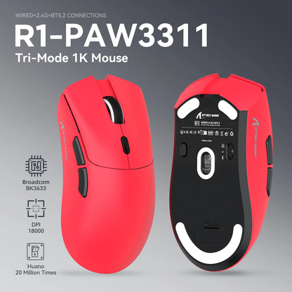 Mysz gamingowa ATTACK SHARK R1 Tri-mode, sensor PixArt PAW3311, 18000 DPI, 1000hz, ultralekka 59g, do dużych dłoni, do PC/Mac